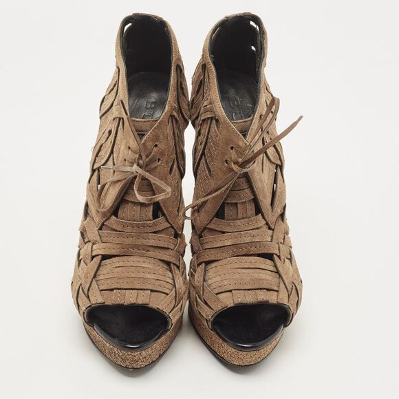 Burberry Brown Suede Cork Platform Peep Toe Ankle Booties Size 38.5 - Picture 3 of 4